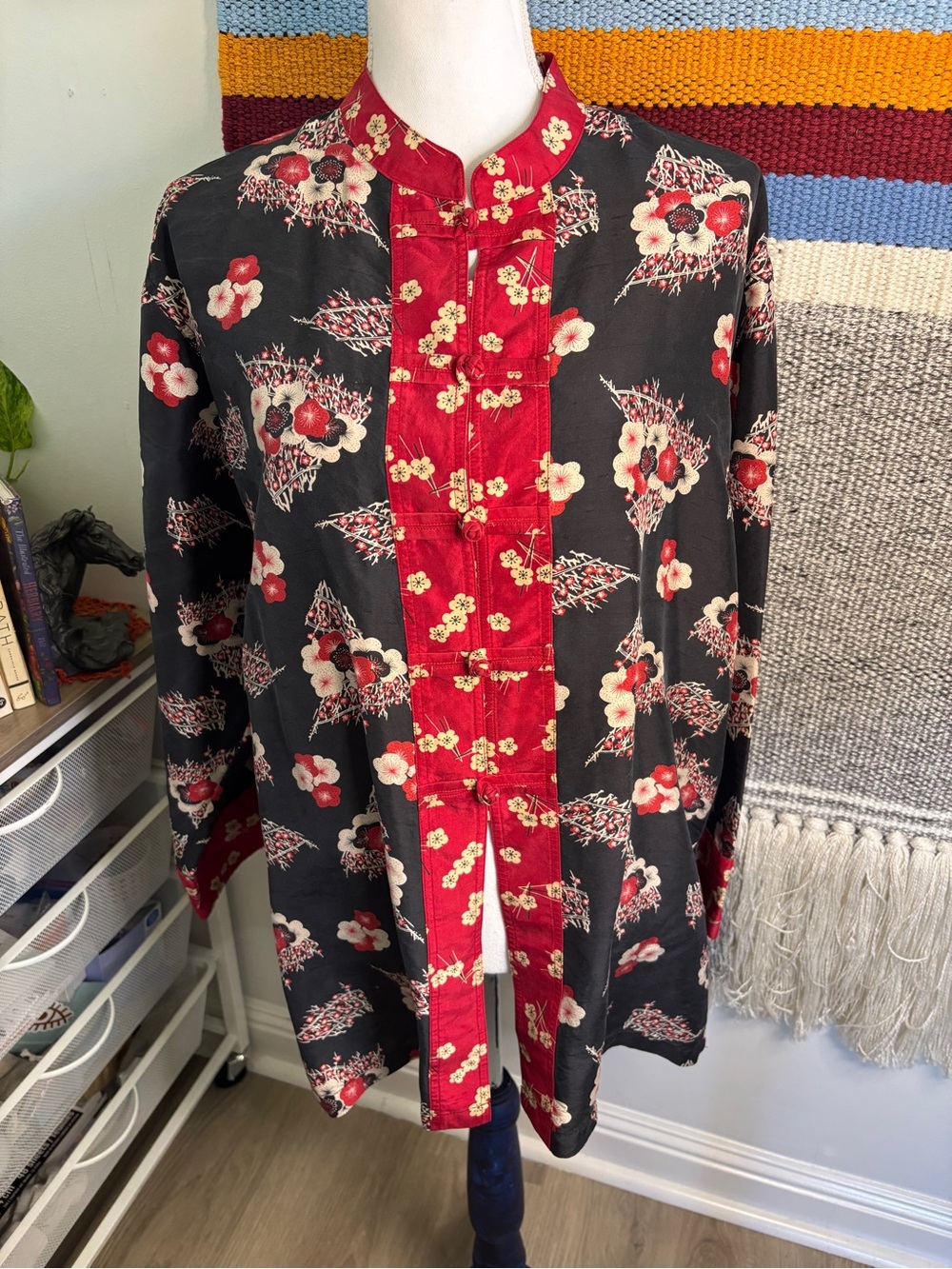 Vintage Silk Chico's Red and Black Floral Mandarin-Collar Top